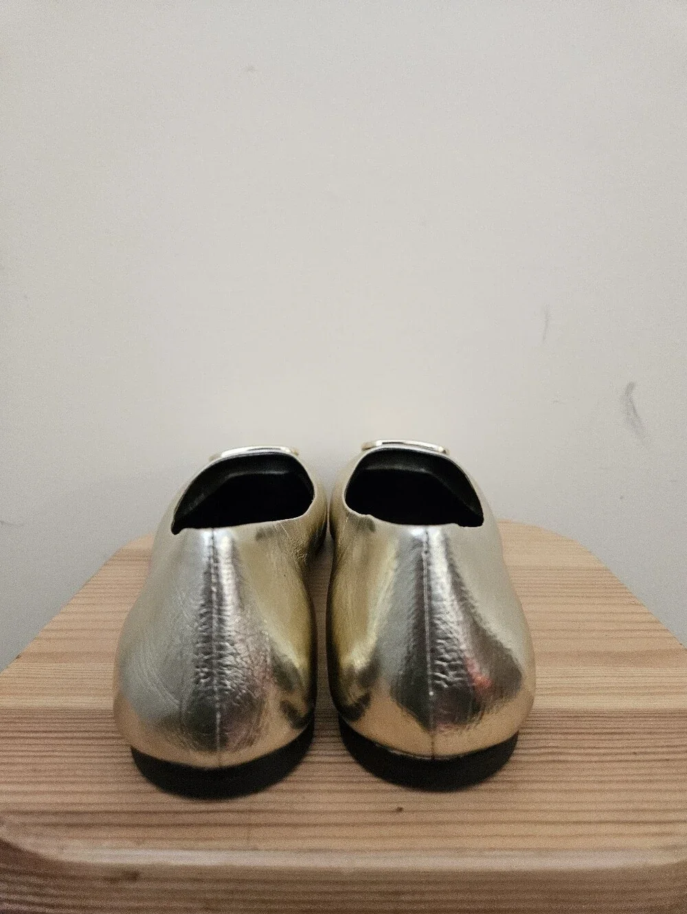 Tory Burch Metallic Gold Square-Toe Flats with Logo Plaque, Size 9